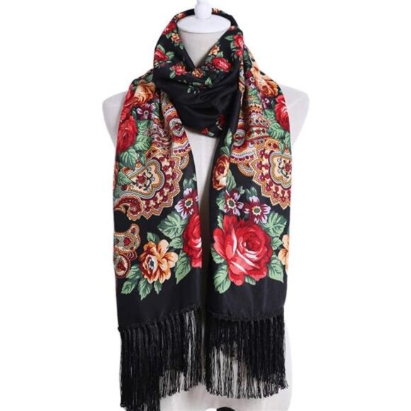 Black Floral Paisley Printed Tassel Scarf Neck Wrap Long Pashmina Shawl Tartan - Picture 1 of 6
